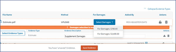 Screenshot of Select Damages options